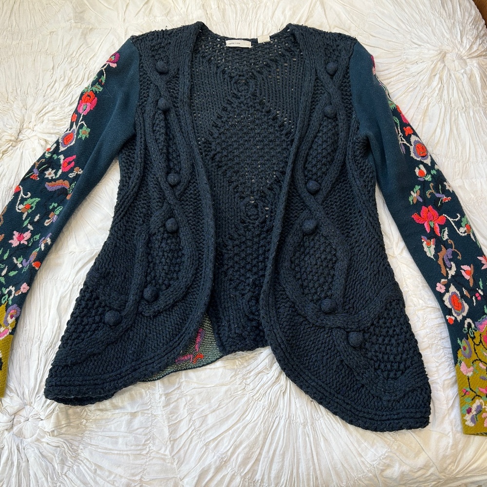 Anthropologie Sleeping on Snow navy cardigan with embroidered sleeves